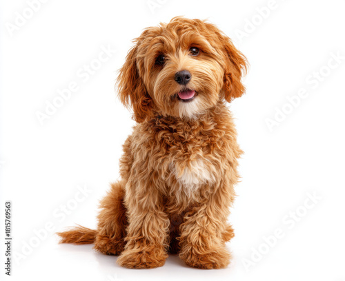 Happy and playful full body golden brown cavoodle sits gracefully, showcasing its fluffy coat and cheerful expression. This adorable dog exudes warmth and charm, making it delightful companion