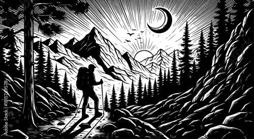 Mountain Hiker Silhouette Scenic Landscape SVG | Adventure Outdoor Hiking Cut File