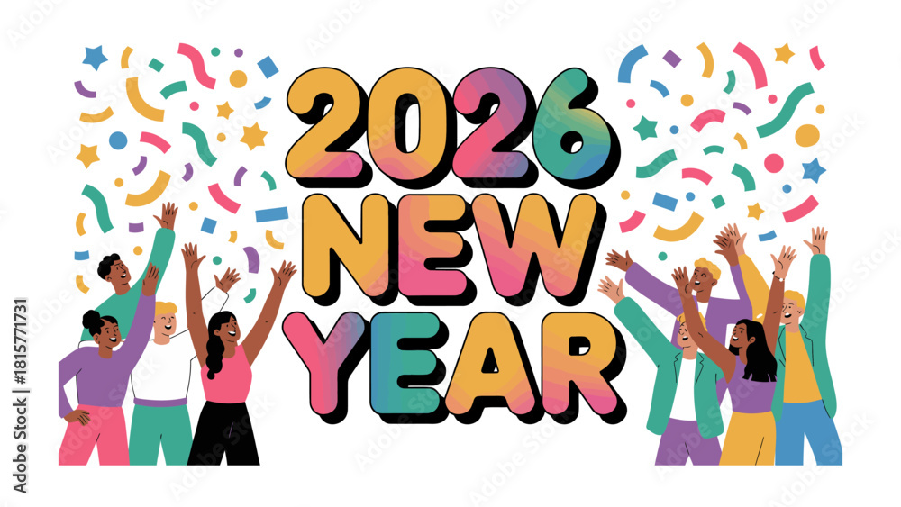 Fototapeta premium Vibrant New Year 2026: An illustrated depiction of jubilant individuals celebrating the upcoming year, accompanied by a festive display of confetti