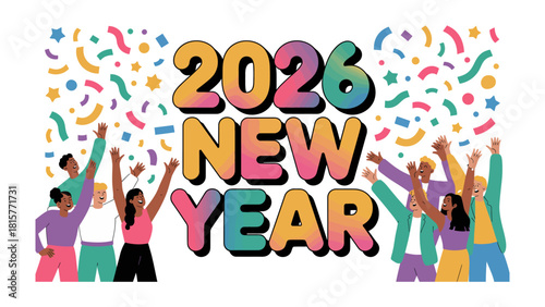 Vibrant New Year 2026: An illustrated depiction of jubilant individuals celebrating the upcoming year, accompanied by a festive display of confetti