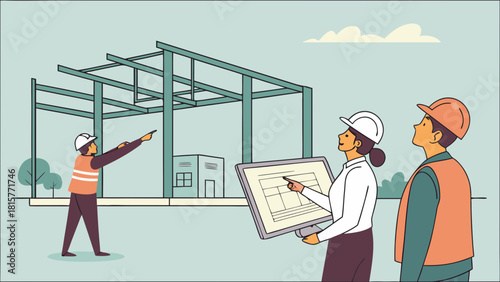 Engineers analyzing 3D building model inside architecture firm while workers assemble steel frame on construction site