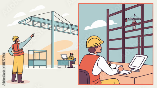 Engineers analyzing 3D building model inside architecture firm while assemble steel frame on construction site