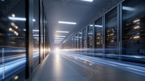 Rows of hyperconverged servers inside a clean modern data store, with streaks of light symbolizing fast data flow — enterprise cloud storage, scalable architecture, and high-performance computing.