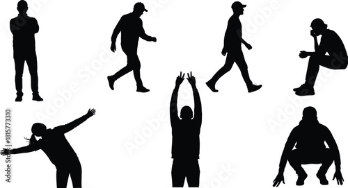Black silhouette poses, walking, sitting, squatting, peace sign, airplane arms, body language, posture study, minimal design, human movement, gesture icons