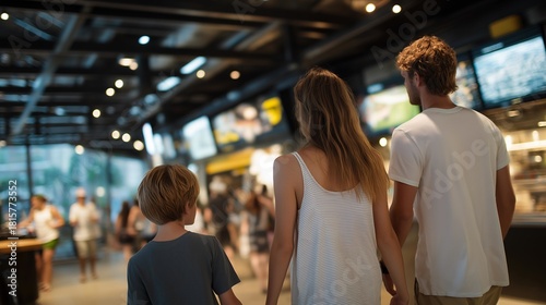 A family walking through a stadium concourse, stopping at concession stands with modern digital menus and interactive fan stations — game-day lifestyle, immersive fan engagement, and