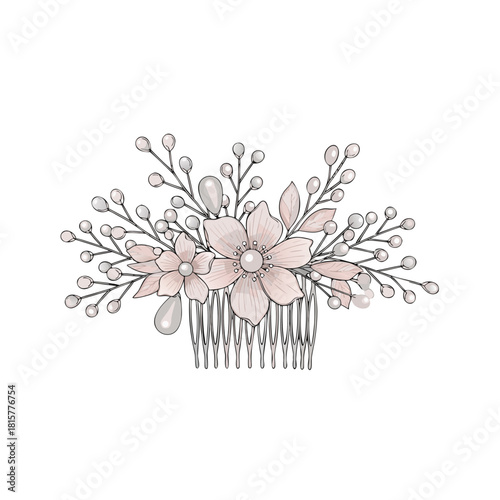 Floral bridal hair comb with pink flowers and decorative elements  