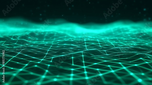 A digital wave with a green hue, featuring a network of lines and dots.