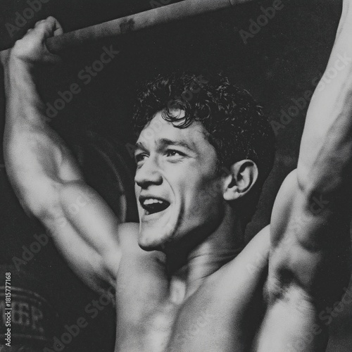 A black-and-white portrait of a muscular man lifting weights, showcasing strength and determination, with a confident expression.