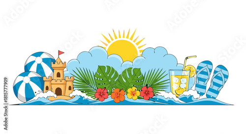 Summer beach scene with sandcastle, palm leaves, and sun  