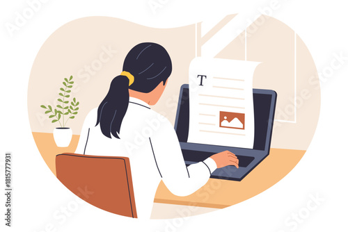 Illustration of Content Writer Typing. A woman is focused on typing on her laptop, generating text and preparing content for digital marketing, blogs, or publications. 