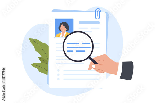 Illustration of Background Screening and Resume Check. A magnifying glass is used to scrutinize a candidate's resume, symbolizing detailed background screening, profile verification.