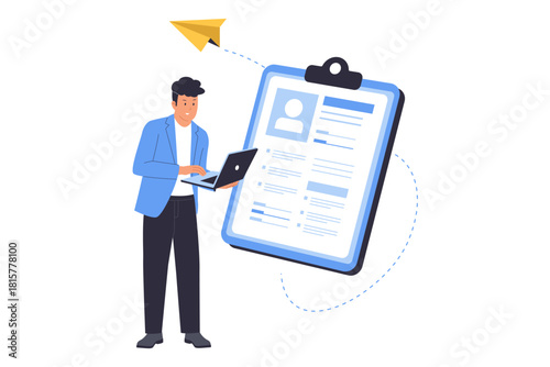 Illustration of Send Job Application and CV Submission. A man stands with a laptop, submitting his detailed CV and job application online. This visual is perfect for recruitment and job seeking
