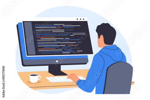 Illustration of Software Developer Coding. A developer is sitting in front of a single large monitor, focused on writing code. This represents the essential work of a programmer and software engineer