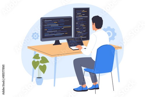Illustration of Illustration of a Programmer Working on a Dual Monitor Setup. A developer is immersed in writing code on a dual monitor setup, symbolizing software development.