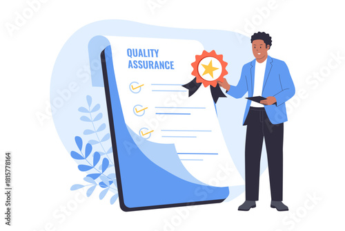 Illustration of Quality Assurance and Service Guarantee. A man holds a large Quality Assurance document with a verified checkmark and ribbon, symbolizing certification, quality control