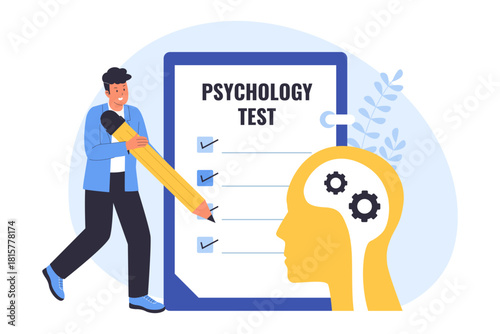 Illustration of Psychology Test and Applicant Assessment. A man is completing a Psychology Test. This represents professional psychological evaluation, cognitive assessment, and HR screening