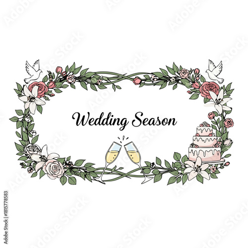 Wedding season banner with floral decorations and champagne glasses  