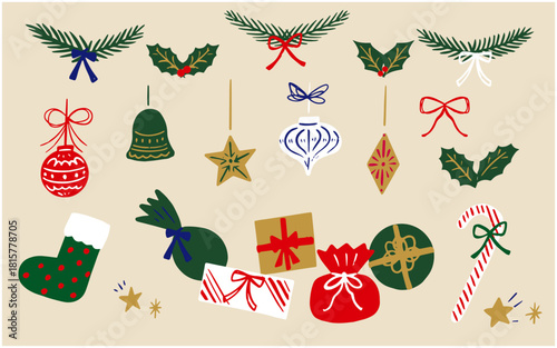 手書き風のクリスマス飾りとギフトがそろう華やかなホリデーイラスト　ベクター