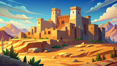 Ultra-realistic view of an ancient ruined fortress bathed in warm desert sunlight, surrounded by weathered stone walls and golden sand