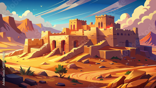 Ultra-realistic view of an ancient ruined fortress bathed in warm desert sunlight, surrounded by weathered stone walls and golden sand