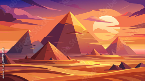Majestic ancient pyramids glowing under a golden-red sunset, surrounded by vast desert sands in a cinematic fictional scene