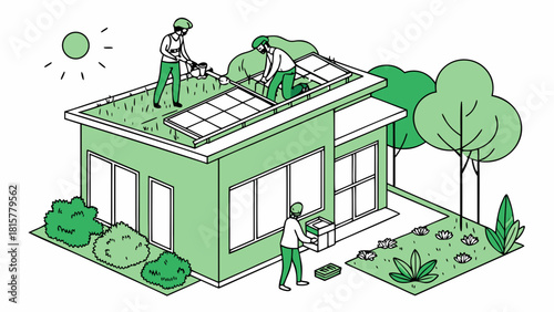 Architects presenting sustainable building design while workers  garden and install eco-friendly systems