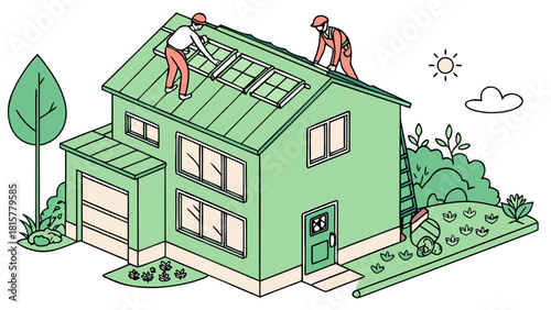 Architects presenting sustainable building design while workers plant rooftop garden and install eco-friendly systems