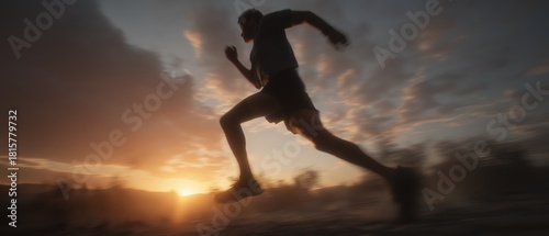 A silhouette of a runner in motion against a dramatic sunset, capturing the essence of speed and determination in a dynamic outdoor setting.