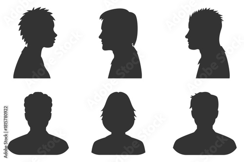 Diverse Human Silhouette Heads – Male and Female Profile Icons with Various Hairstyles for Identity, Avatar, Profile, and Creative Design Use