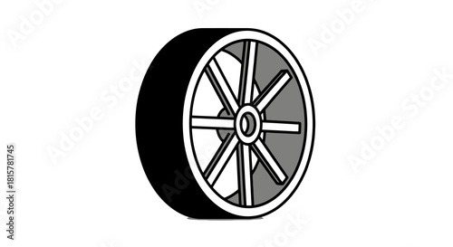 Stylized black and white car wheel with spokes, an isolated icon representing transportation, automotive industry, and mechanics