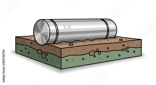 Diagram of a heavy metal cylinder resting on a cross-section of layered soil, illustrating ground pressure and compaction