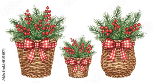 Watercolor Christmas Baskets with Pine Branches and Red Berries Illustration Set