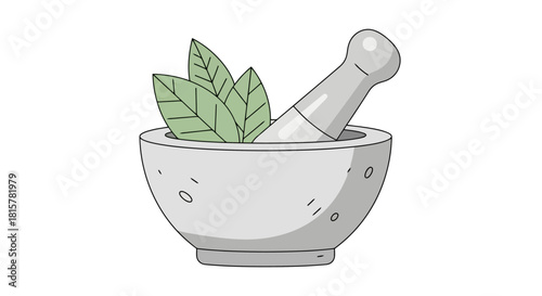 Illustration of a mortar and pestle with leaves, symbolizing herbal medicine and natural remedies