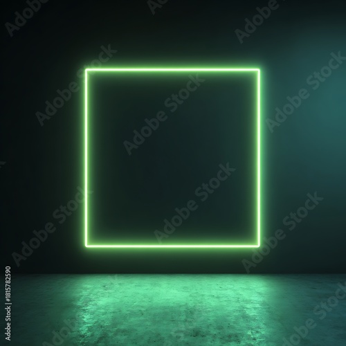 Green neon square frame on black wall with empty center for text or product