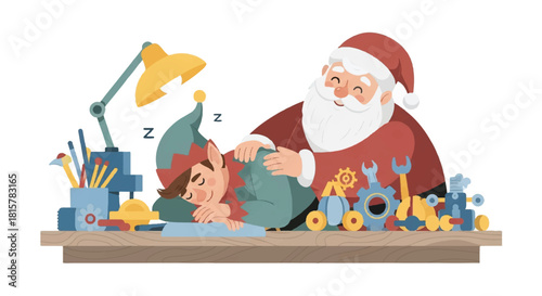 A caring Santa Claus affectionately pats a tired, sleeping elf at a busy workshop table filled with toys and tools before Christmas