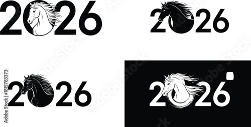 2026 year of the horse logo designs, galloping horse illustrations, zodiac symbol graphics, elegant equine artwork for celebrations and branding