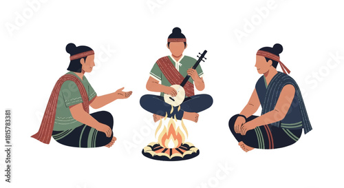 Three people sitting around a campfire with one playing a stringed instrument in a simple colorful illustration.