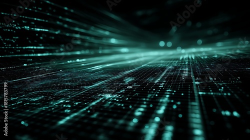 A futuristic, digital grid with glowing, pixelated lines and a dark, abstract background.