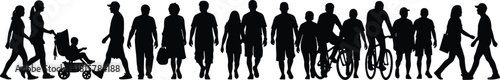 Crowd, diverse people walking, family with stroller, cyclists, silhouettes, community movement, urban lifestyle, pedestrian group, active public scene, daily life illustration