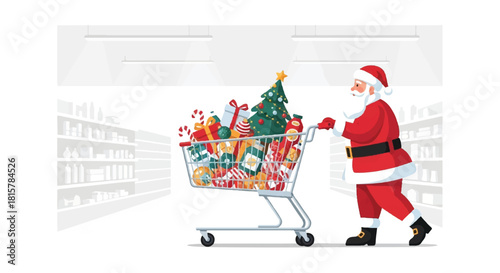 Santa Claus pushing a shopping cart filled with colorful Christmas gifts and a tree in a store aisle with white shelves.