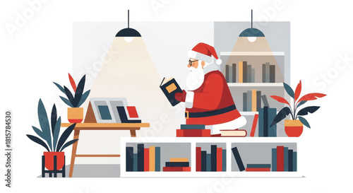Illustration of Santa Claus sitting on a bookshelf, reading a book, surrounded by plants and lamps in a cozy room with a warm atmosphere.