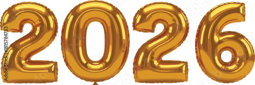 Golden 2026 balloon numbers celebrating New Year event, festive decoration element for holiday party, celebration design, shiny inflatable numerals