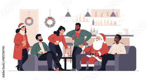 Illustration of a diverse group of people sitting on a couch with Santa Claus in a living room decorated for Christmas with a warm and festive atmosphere.