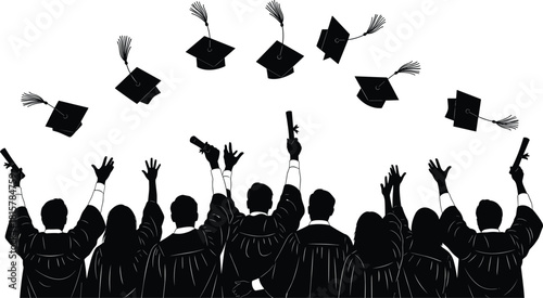 Graduation celebration silhouettes, students throwing caps in air, academic success illustration, teamwork achievement moment, commencement ceremony graphic