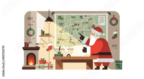 Illustration of Santa Claus examining a world map in a cozy living room with a fireplace and Christmas decorations.