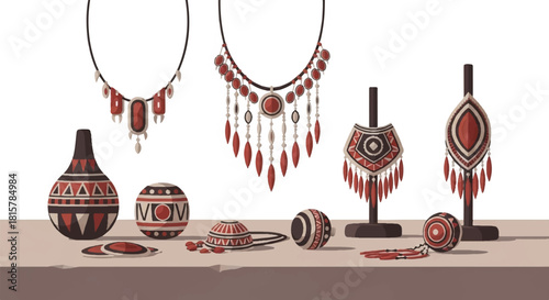 Colorful Native American jewelry and pottery arranged on a table with intricate red black and white designs against a plain background.