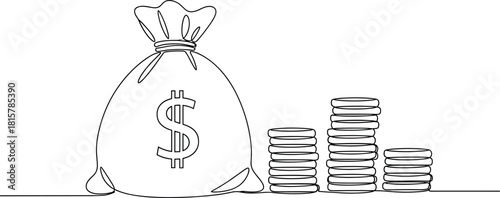 Money bag and coin stacks illustration, financial savings concept, investment growth outline design, banking wealth symbol, economic line art graphic