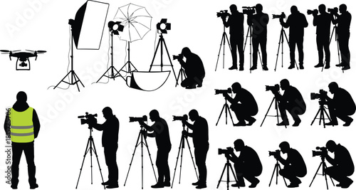 Photographer silhouettes with tripods, studio lighting equipment and drone illustration, professional photography concept, camera operator poses collection