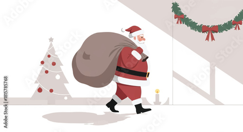 Cartoon Santa Claus walking with a large sack of gifts on his back in a festive indoor setting with a Christmas tree and garland.