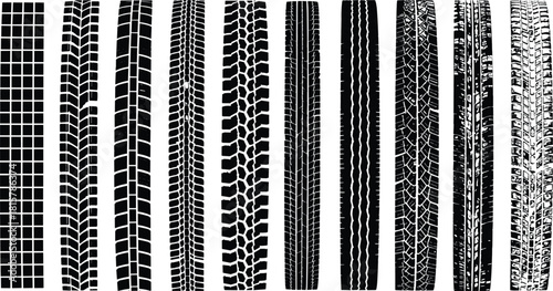 Tire tread pattern collection, vehicle wheel track designs, automotive texture set, grunge tire marks illustration, off-road and road treads